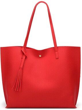 Women's Red Soft Faux Leather Tassel Style Handbag Tote Shoulder Bag